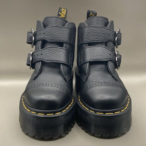 NWOB Dr. Martens Women's Devon Flower Buckle Leather Platform Boots Black Size 5 - Picture 1 of 7